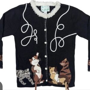 Cat Quacker Factory Vtg Cardigan Sweater Women’s XL Black Whimsical Cottagecore